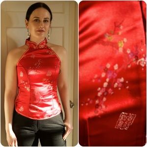 Chinese cheongsam red top Sz. S/M brocade Asian